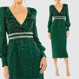 $498 Mac Duggal 93593 Size 14 Emerald Green Sequin Long Sleeve Midi Dress Gown